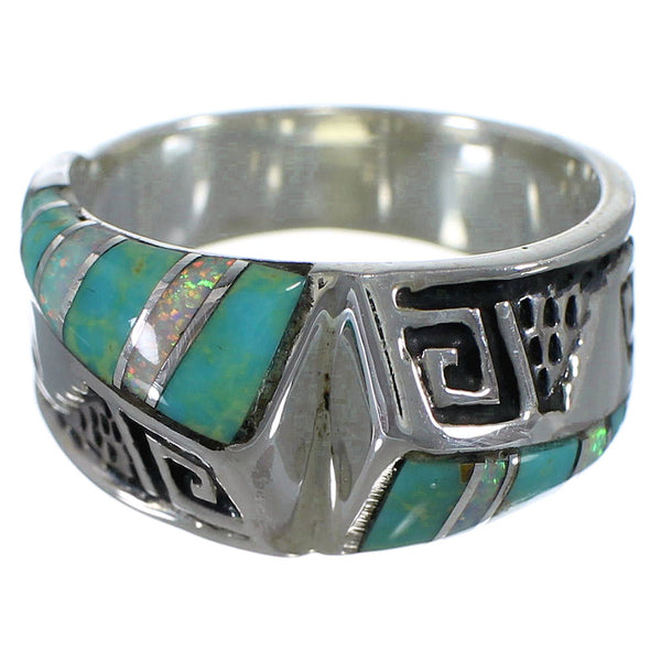 Genuine Sterling Silver Turquoise And Opal Water Wave Ring Size 7-1/2 EX56582